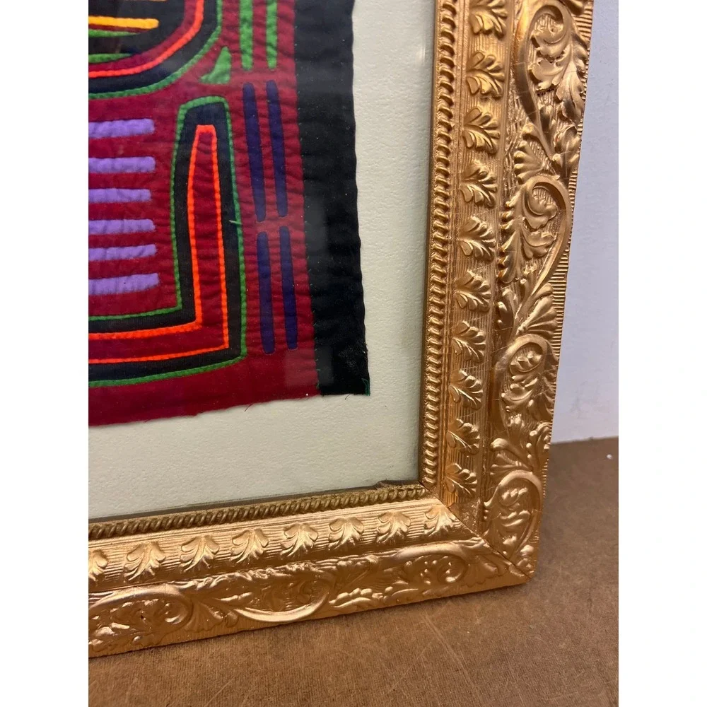 Vintage Cloth Tapestry Ornate Gold Gilt Framed Mola Kuna Textile Panama Folk Art